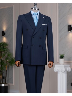 Italyan Stil Slim Fit 8 Drop Kruvaze Ceket Pantolon Takım Elbise Lacivert T14588