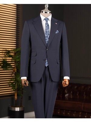 Italyan Stil Slim Fit Mono Yaka Ceket Pantolon Takım Elbise Lacivert T14749