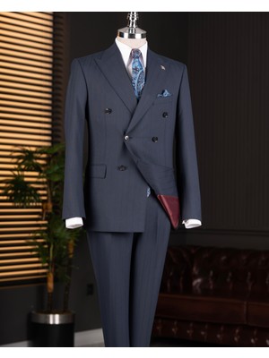 Terzi Adem Altun Italyan Stil Lacivert Kruvaze Ceket Pantolon Takım Elbise Erkek 46 Beden Slim Fit Model T14021
