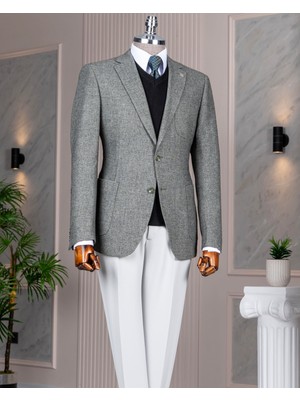 Italyan Stil Slim Fit Mono Yaka Yün Karışımlı Erkek Tek Ceket Haki T14811