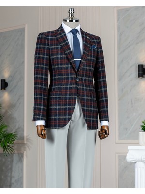 Italyan Stil Slim Fit Ekose Erkek Ceket Lacivert T13438