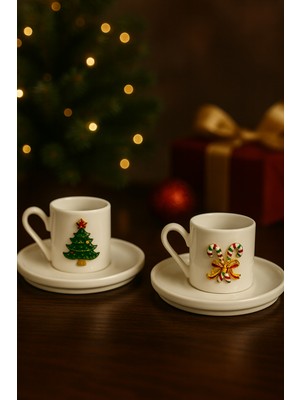 Yzhome 2 Kişilik Porselen Yılbaşı Metal Figürlü Kahve Fincan Takımı Seti Hediyelik 90ML