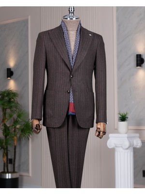 Italyan Stil Slim Fit Sivri Yaka Ceket Pantolon Takım Elbise Kahverengi T14766