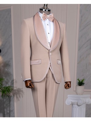 Italyan Stil Slim Fit Kadife Şal Yaka Ceket Yelek Pantolon Damatlık Set Bej T14891