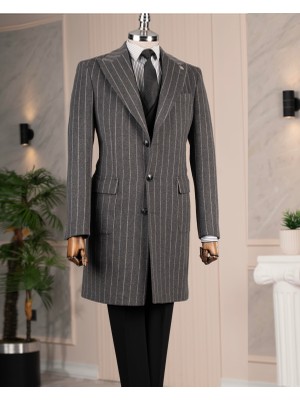 Italyan Stil Slim Fit Sivri Yaka Yün Karışımlı Kaşe Erkek Kaban Antrasit T14718