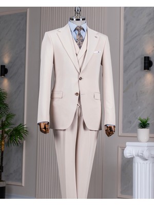 Italyan Stil 8 Drop Ceket Yelek Pantolon Takım Elbise Bej T14594