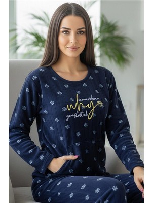 Lacivert Why Desenli Kanguru Cepli Peluş Polar Pijama Takımı