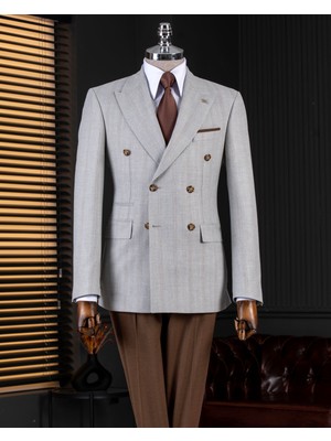 Italyan Stil Slim Fit Kruvaze Ceket Pantolon Kombin Takım Elbise Gri 14661