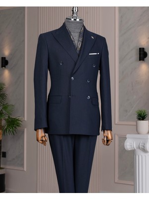 Italyan Stil Slim Fit Kruvaze Ceket Pantolon Takım Elbise Lacivert T14735