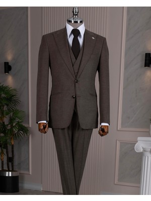 Italyan Stil Slim Fit Sivri Yaka Ceket Yelek Pantolon Takım Elbise Kahverengi T14668