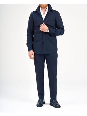 Italyan Stil Slim Fit Cep Detaylı Gömlek Pantolon Takım Elbise Lacivert T11967