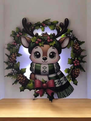 Yeşil Kabartmalı Işıklı Geyik Yılbaşı Kapı Süsü, Şık ve Renkli Dekorasyon.