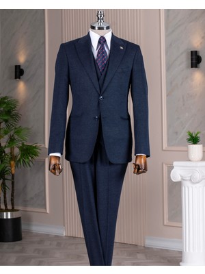 Italyan Stil Slim Fit Sivri Yaka Ceket Yelek Pantolon Takım Elbise Lacivert T14678