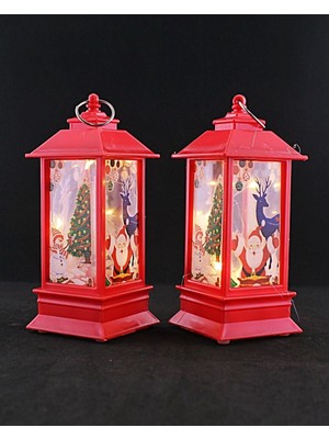 Yılbaşı Temalı Kırmızı LED Mumlu Mini Fener, Asma Kulplu, 2 Adet