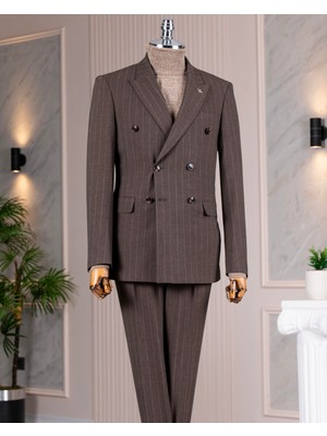 Italyan Stil Slim Fit Kruvaze Ceket Pantolon Takım Elbise Kahverengi T14622