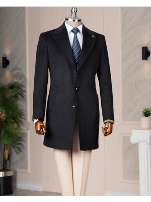 Italyan Stil Slim Fit Sivri Yaka Yün Karışımlı Kaşe Erkek Kaban Lacivert T14722