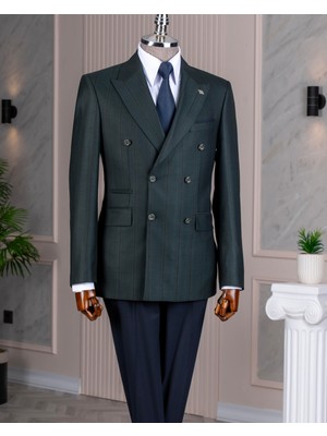 Italyan Stil Slim Fit Kruvaze Ceket Pantolon Kombin Takım Elbise Yeşil T14663