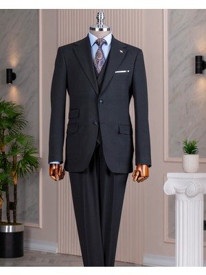 Italyan Stil Slim Fit Mono Yaka Ceket Yelek Pantolon Takım Elbise Lacivert T14752