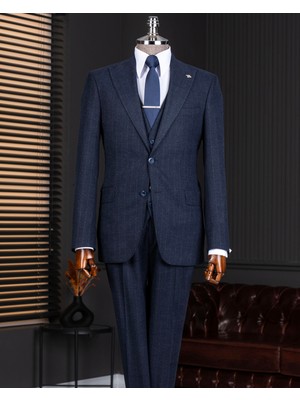 Italyan Stil Sivri Yaka Erkek Ceket Yelek Pantolon Takım Elbise Lacivert T14652