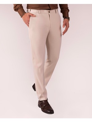 Italyan Stil Slim Fit Bel Detaylı Erkek Pantolon Bej T13951