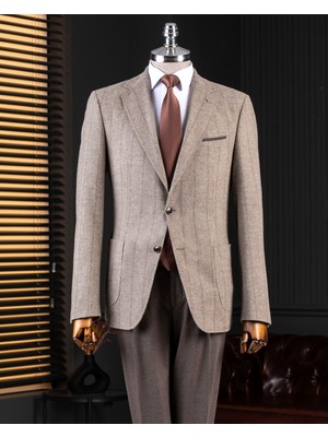 Italyan Stil Slim Fit Yün Karışımlı Erkek Ceket Pantolon Takım Elbise Bej T14655