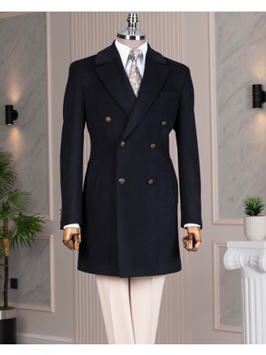 Italyan Stil Slim Fit Kruvaze Yün Karışımlı Kaşe Erkek Kaban Lacivert T14708