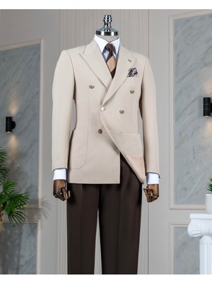 Italyan Stil Slim Fit Kruvaze Erkek Tek Ceket Bej T14234