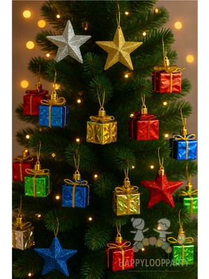 Yıllbaşı Çam Ağacı Süsü, Renkli Yıldızlar, Hediye Kutusu, Figürler, 16 Adet