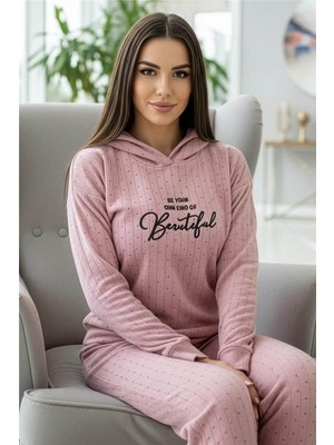Toz Pembe Beautiful Desenli Kapşonlu Peluş Polar Pijama Takımı