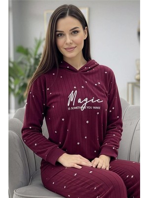 Bordo Magic Desenli Kapşonlu Peluş Polar Pijama Takımı