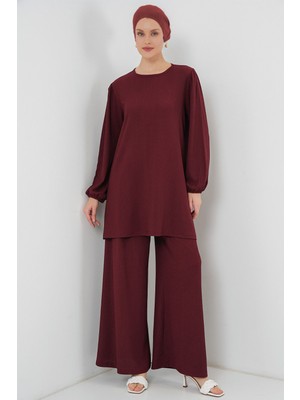 Hiccup Kadın Bdart Dokulu Uzun Kollu Tunik ve Geniş Paça Pantolon Seti Bordo Kırmızı