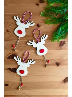 Renkli Ahşap Geyik Figürlü Yılbaşı Süsü Seti, 3 Adet, Dekoratif ve Şık Tasarım