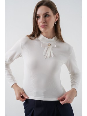 Hiccup Kadın Bdart Kurdele Detaylı Uzun Kollu Dik Yaka Bluz Beyaz