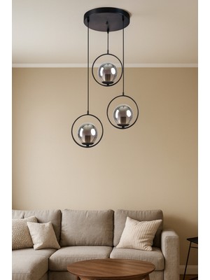 Uçar Rodi Modern Tasarım Antre Mutfak Salon Siyah Renk Sarkıt Minimal Sarkıt Füme Camlı 3 Lü Avize