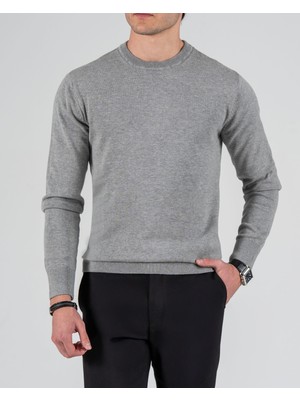 Italyan Stil Slim Fit Erkek Bisiklet Yaka Triko Kazak Gri T13121