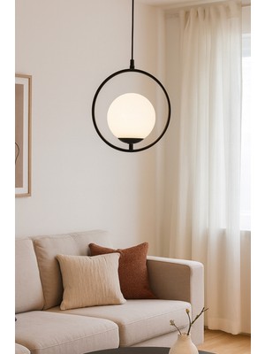 Uçar Rodi Modern Tasarım Antre Hol Mutfak Salon Siyah Renk Sarkıt Minimal Sarkıt Beyaz Camlı Tekli Avize