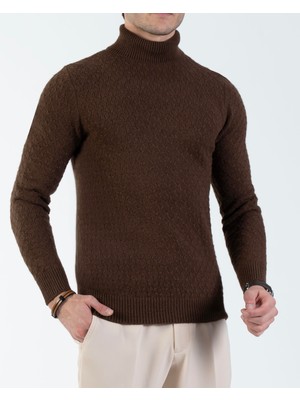 Italyan Stil Slim Fit Boğazlı Erkek Triko Kazak Kahverengi T13005