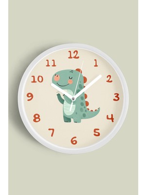 JHAAR Sevimli Dinozor Çocuk Odası Duvar Saati - 30CM - Önü Camlı Beyaz Kasa - Sessiz Mekanizma
