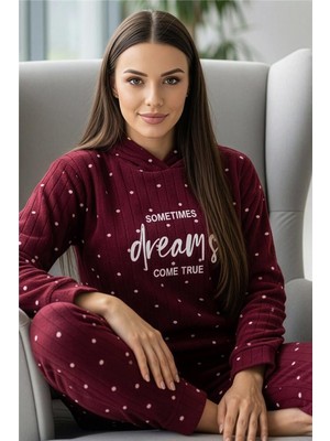Bordo Dreams Desenli Kapşonlu Peluş Polar Pijama Takımı