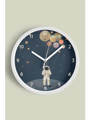 JHAAR Uzay - Astronot - Gezegen Temalı Çocuk Odası Modern Duvar Saati - 30CM - Önü Camlı Beyaz Kasa