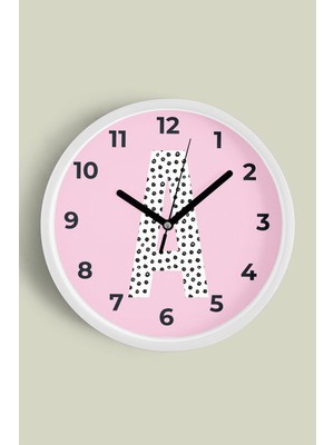 JHAAR A Harfi Kız Odası Duvar Saati - 30CM - Önü Camlı Beyaz Kasa - Sessiz Mekanizma