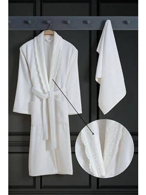 Hrnzafer Tekstil Ruya Pamuklu Güpürlü 2 Parça Bornoz Seti (Bornoz + Havlu)