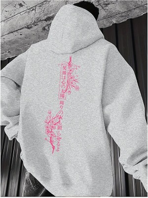 CC Collection Erkek Kapüşonlu Sakura Kiraz Çiceği Sırt Baskılı Oversize Hoodie - Sokak Stili - Günlük Kombin