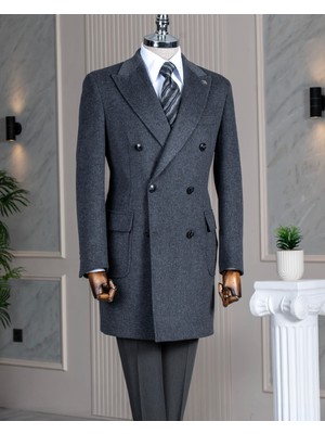Italyan Stil Slim Fit Kruvaze Yün Karışımlı Kaşe Erkek Kaban Antrasit T14690