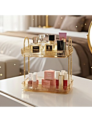 Unique Me 2 Katlı Makyaj Organizeri Kozmetik Aksesuar Düzenleyici Banyo Rafı Amber Sarı (Dayanıklı Poli̇karbonat)