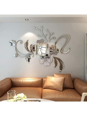 As Tasarım Asma Çiçek Model Ahşap+Akrilik Duvar Süs Dekorasyon Tablo 100 cm Gümüş Renk