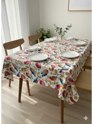 Wlaugh Sıvı ve Lekeye Dayanıklı 3D Baskılı Renkli Kuş Desenli Dertsiz Masa Örtüsü