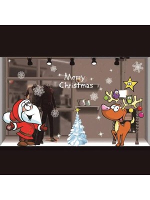 Renkli Noel Baba ve Ren Geyiği Sticker, 70X50 Cm, Yılbaşı Dekorasyonu