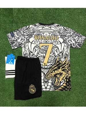 Maharet Real Madrid Yeni Sezon Dragon Desenli Cristiano Ronaldo Çocuk Forması 3'lü Set (Black-White)