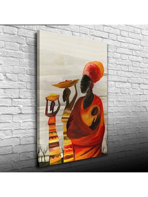 İşsevenler Turuncu ve Gri Tonlarda Afrika Yerli Kadınlar Kanvas Tablo 50 x 70